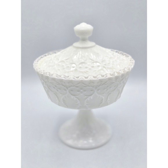Vintage White Milk Glass Covered Compote - Grape & Vine  Vintage White Milk Glass Covered‎ Compote - Grape & Vine Pattern - 9\